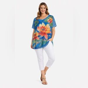 Leoma Lovegrove Lotus Flower Art Top XXXL Blue Green Sheer Hem Short Sleeve Tee